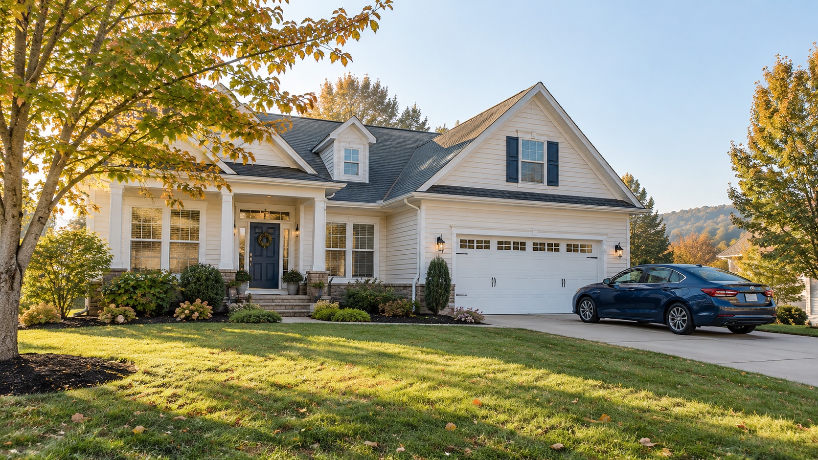 Illustrative home and blue sedan in a residential driveway
